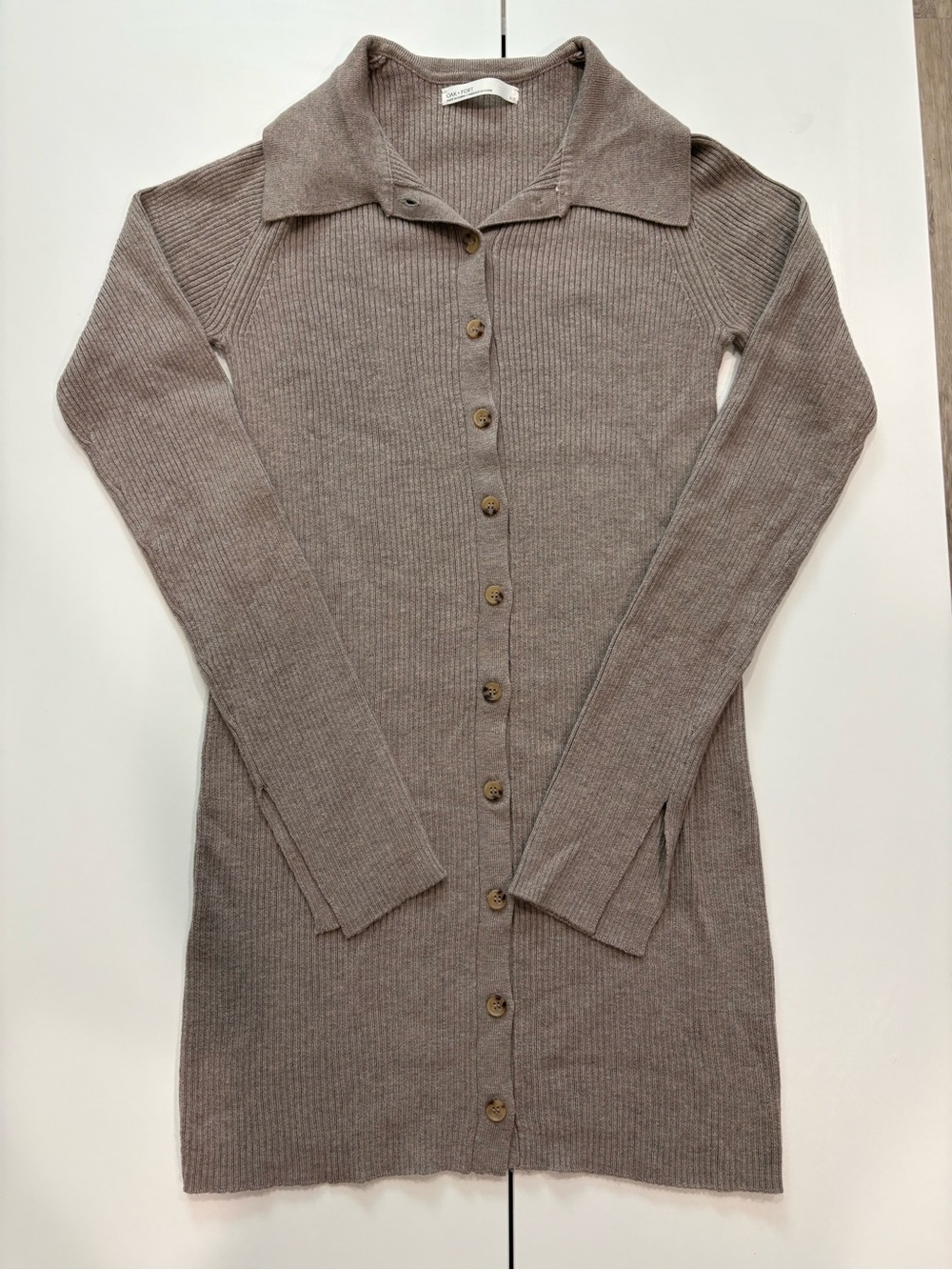 OAK + FORT Long Ribbed Button-Front Collared Dress - Taupe